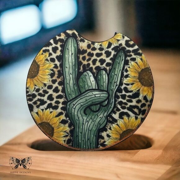 Cactus Sunflower Car Coaster Set | Car Accessories - Picture 1 of 9